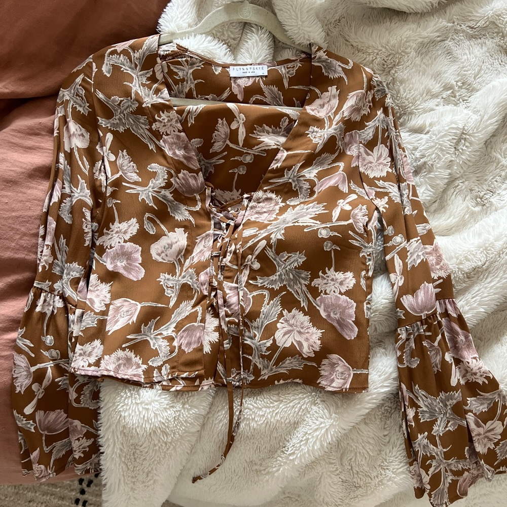 Flynn Skye Brown and White Ruffled Crop Blouse